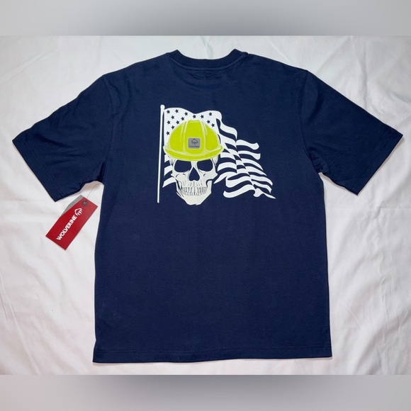 Wolverine NWT Men’s Size M Navy Blue & Yellow Patriotic Skull Short Sleeve Shirt - Picture 1 of 6